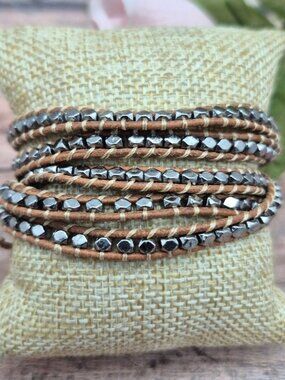 Victoria Emerson Brown & Silver Metallic Beaded Wrap Bracelet 34" Boho Neutral